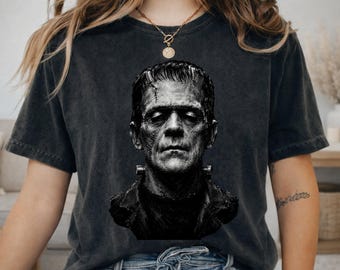 Camiseta Comfort Colors® com estampa gótica do Monstro de Frankenstein, camiseta clássica de terror, presente assustador de Halloween