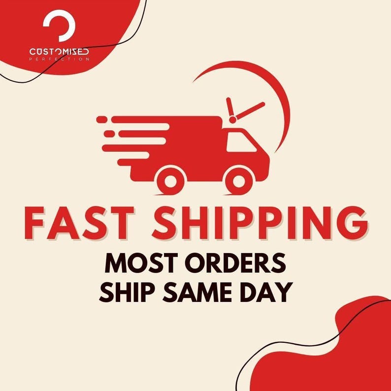 a red delivery truck with the text "FAST SHIPPING" and "MOST ORDERS SHIP SAME DAY" prominently displayed.