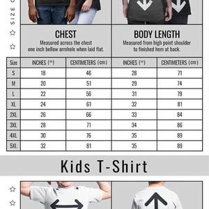 The image is a size guide for men's and kids' soft cotton t-shirts, providing measurements for chest and body length.