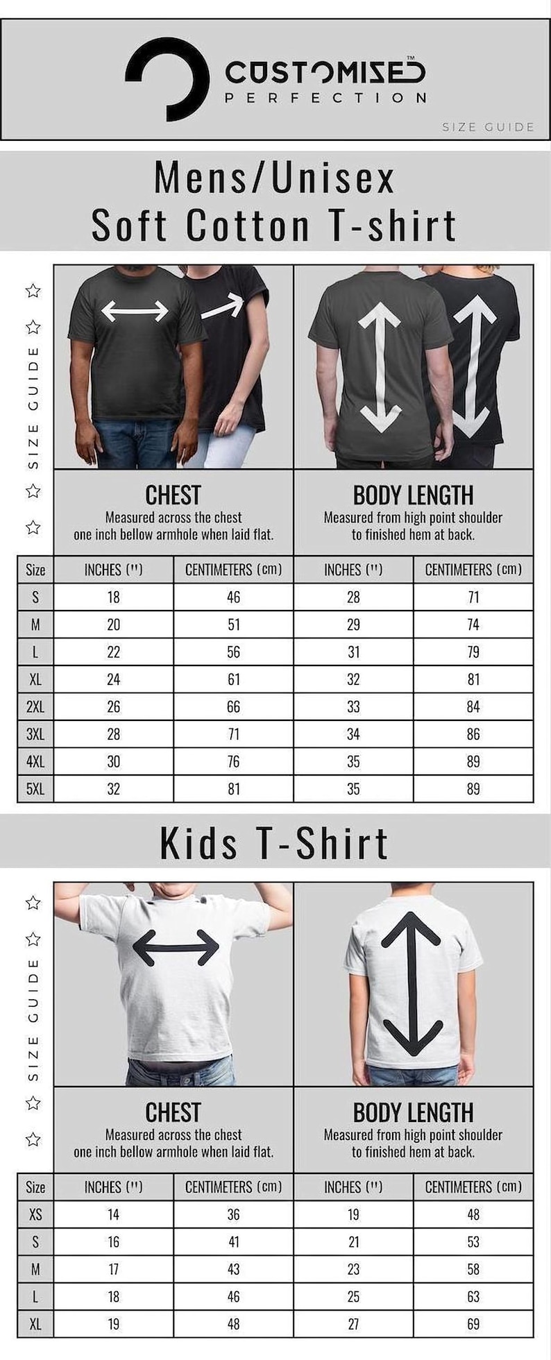 The image is a size guide for men's and kids' soft cotton t-shirts, providing measurements for chest and body length.