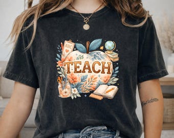 Boho Teacher T-Shirt | Teach Apple Watercolor | Teacher Gift Tee, Educator School Top