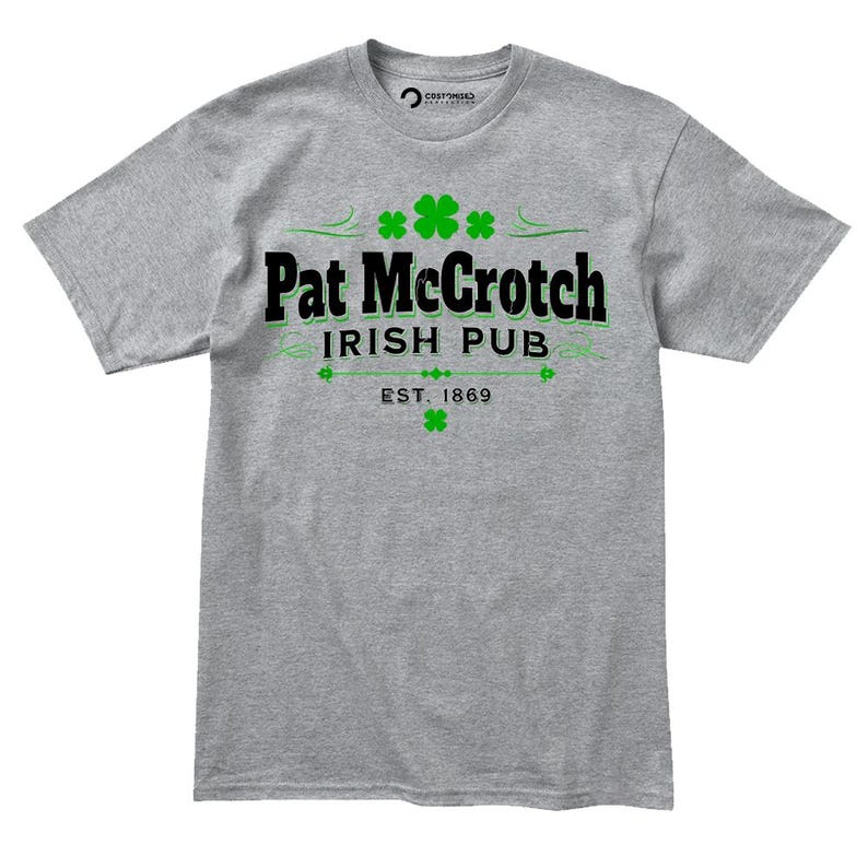 A gray t-shirt with the text "Pat McCroch Irish Pub EST. 1969" printed on it, along with four green shamrocks.