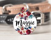 Rustic Pet Tag, Navy and Maroon Boho Cat Tag, Floral Bohemian Dog Tag, Navy and Red Dog Tag, Custom Pet Name Tag, Metal Stethoscope Id Tag