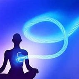 May include: A blue energy flow connects two silhouettes, one in a seated meditation pose with a glowing heart chakra, the other standing with a hand raised. The energy flow forms a continuous loop, symbolizing a spiritual connection.