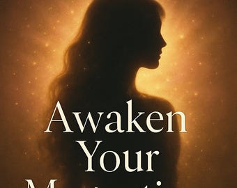 Può includere: Silhouette di una persona con capelli lunghi su uno sfondo dorato e luminoso. Il testo "Awaken Your Magnetism" è visualizzato in bianco, con un'elegante tipografia. L'immagine evoca un senso di mistero e risveglio spirituale.