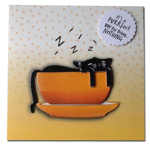 Cat lover card, Sleepy Cat in a teacup,  Lazy Birthday,  sleeping black cat, lucky black cat, Cat themed card