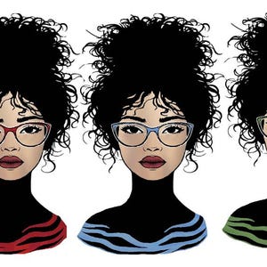 Op de afbeelding: Vijf illustraties van een vrouw met krullend zwart haar die verschillende gekleurde brillen draagt. Elke vrouw draagt een gestreept shirt in een andere kleur. De kleuren van de shirts zijn roze, rood, blauw, groen en geel.