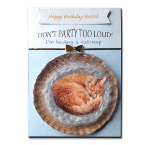 Chat de gingembre dans le panier - carte personnalisée d’anniversaire de chat 3D-sieste