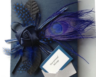 Luxury Navy Card: Satin Rose & Peacock Feather, Personalized Keepsake