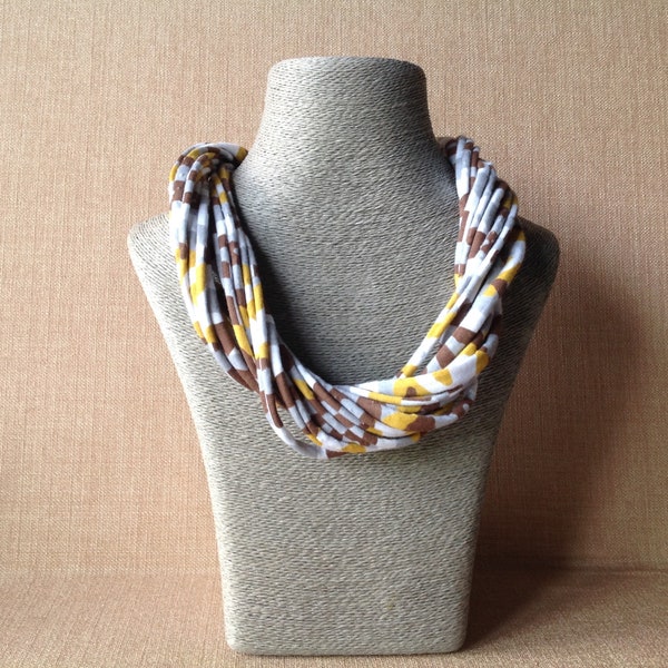 Mustard/Brown/Grey patterned T-shirt fabric necklace