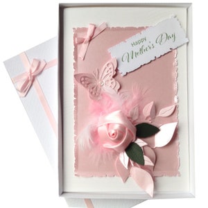 Tarjeta de cumpleaños o día de la madre en caja, tarjeta de lujo, madre especial, día de la madre, rosa de satén rosa