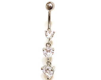 Navel Bar HEART Belly Button Ring Triple Dangle CZ Crystal 316L SS