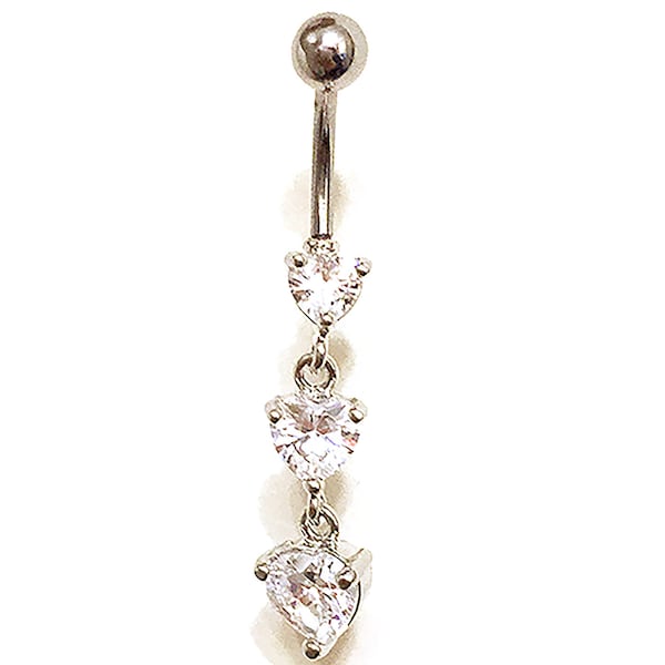 Navel Bar HEART Belly Button Ring Triple Dangle CZ Crystal 316L SS