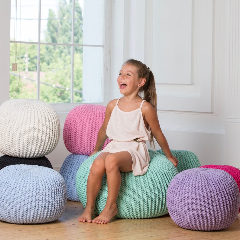 Blue Crochet Footstool Cotton Nursery Pouf Knit Pouf Kids Floor