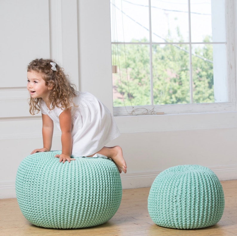 READY TO SHIP large mint kids crochet pouf knit pouf kids baby floor pillow pouf knitted pouf round ottoman
