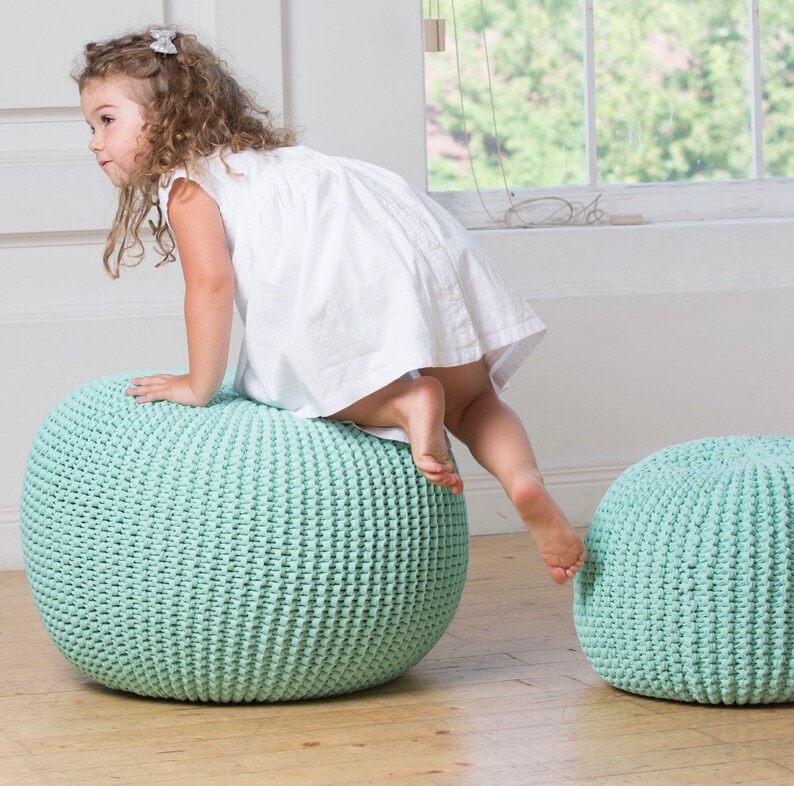 READY TO SHIP large mint kids crochet pouf knit pouf kids baby floor pillow pouf knitted pouf round ottoman