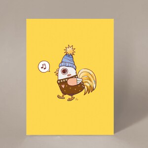 Pájaro del clima de suéter, impresión artística premium pequeña de 5x7, lindo mini póster, amarillo soleado, caricatura de pollo cantando alegremente, estado de ánimo, niño, niño