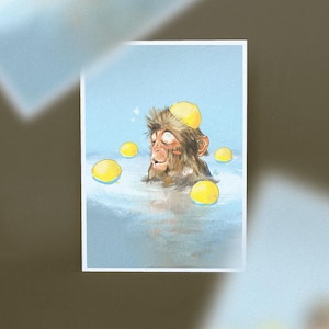 May include: Illustration of a monkey relaxing in water, surrounded by lemons. The monkey has closed eyes and a lemon on its head. The artwork features a soft color palette with blue and yellow tones, creating a serene and whimsical scene.
