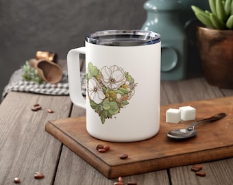 Floral Insulated Portable Travel Coffee Tea Mug 10oz, Stainless Steel