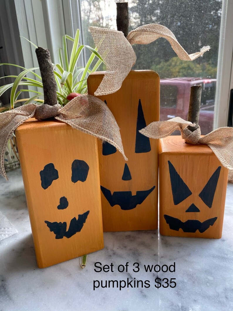 Primitive Wood Pumpkin Blocks W/rafia Halloween Painted Etsy