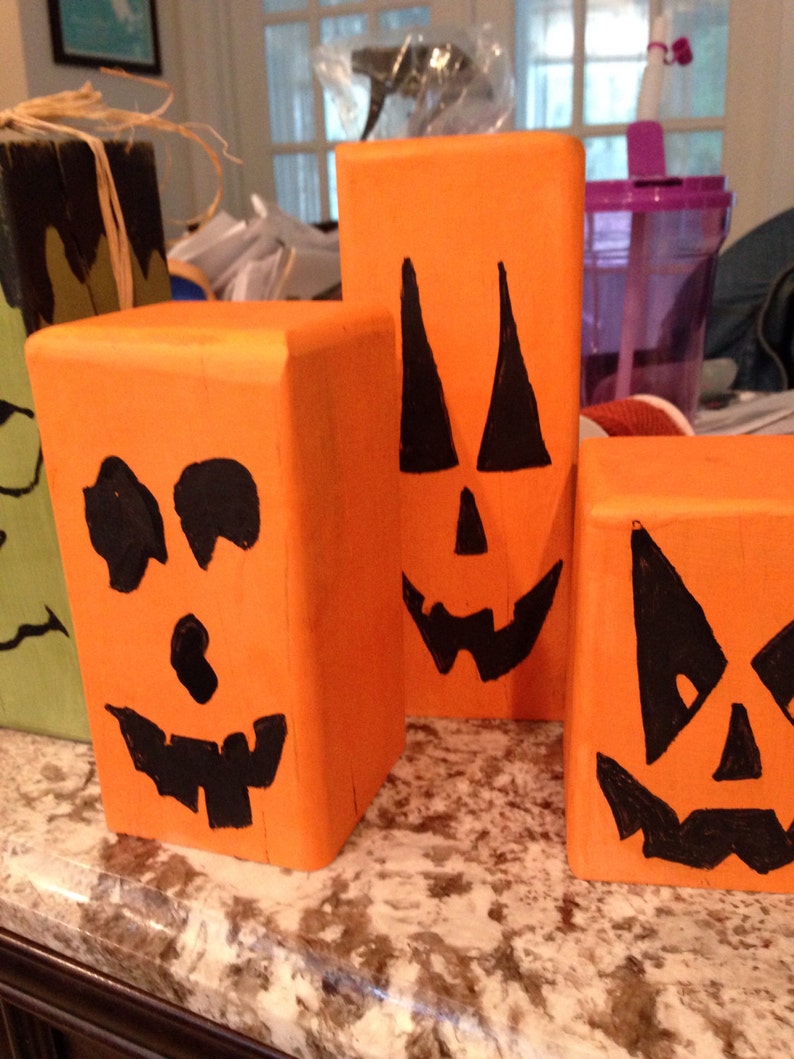 Primitive wood pumpkin blocks w/rafia halloween painted Etsy