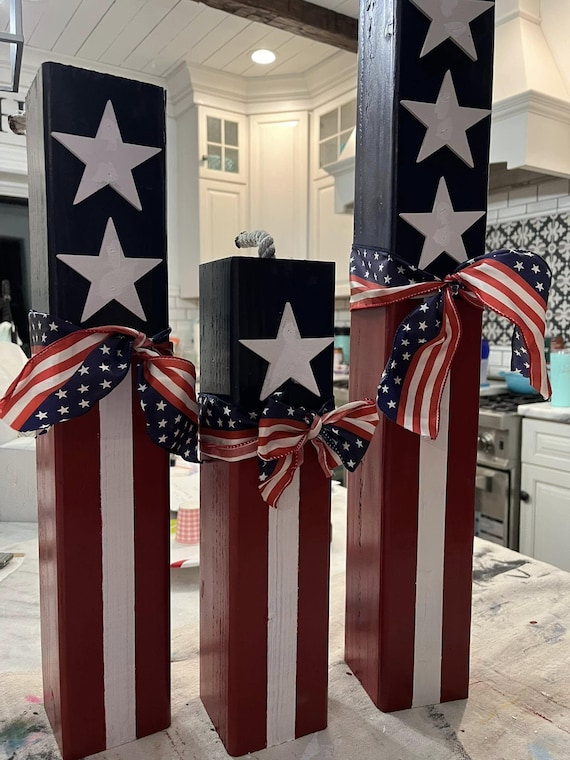Primitive Patriotic Wood Block Decor, Americana, Set of 3