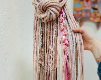 30 DE Powder blonde dreads, light silver and strawberry blonde, natural styled straight and knotty dreadlocks with bohemian accent braid.