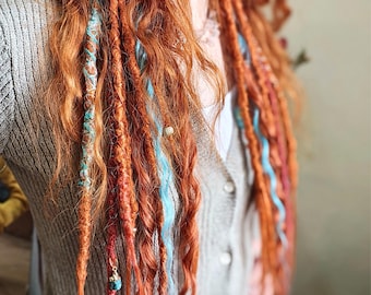 Clip in Dreadlocks set | 3-5 clips |pink ginger shades | decorated with ceramic and metallic beads and gemstones | Ready-to-Ship