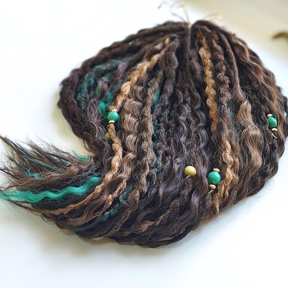 50 DE Spiral dreads and curls | extra light, soft and flexible earthy toned hair | natural styled brown dreadlocks with green accents