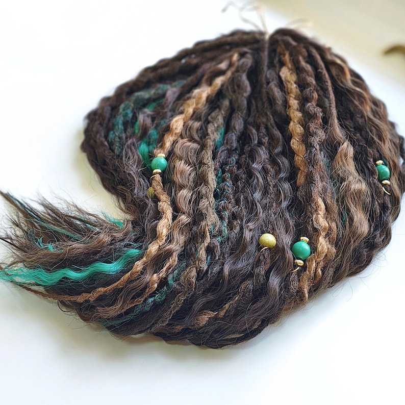 50 DE Spiral dreads and curls | extra light, soft and flexible earthy toned hair | natural styled brown dreadlocks with green accents image 1