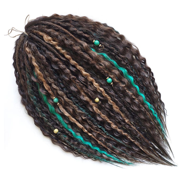 May include: Brown and blonde synthetic dreadlocks with teal accents and beads.
