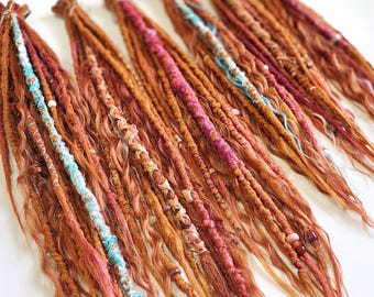 Red hair dreads on clip, red faux braids, dreadlocks and curls, boho clip in set of hair accessories, hippie hairstyle.