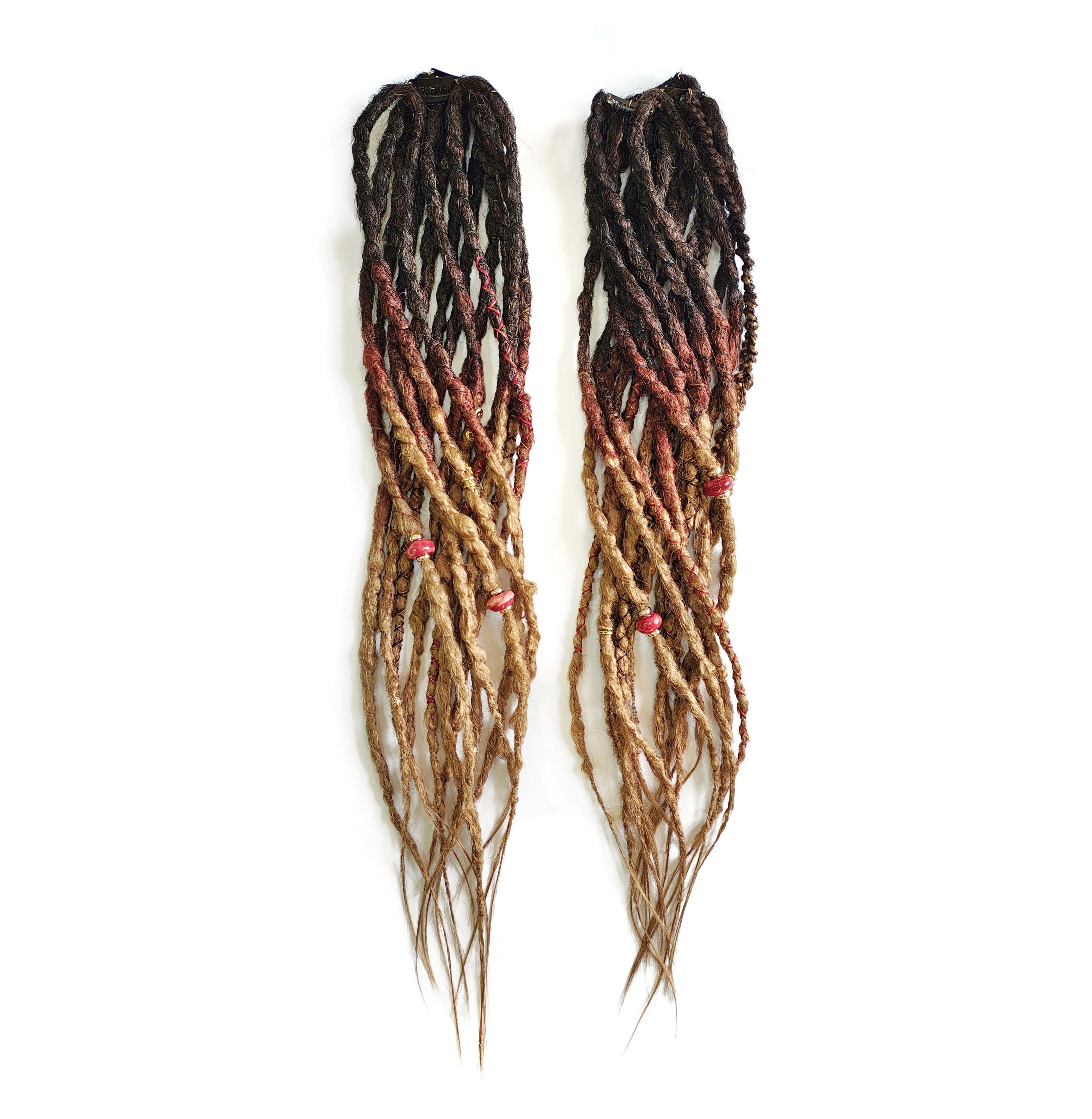 Clip in ombre dreadlocks |60 cm long | black to reddish brown to golden blonde | decorated with ceramic and metallic beads | Ready-to-Ship