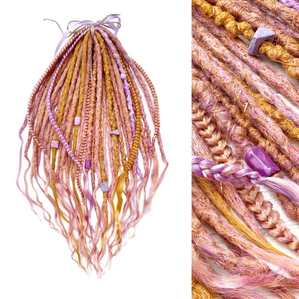 Golden sunrise DE dreads and lace braids, decorated with ceramic beads, soft golden lavender and rose tones blend dreadlocks.