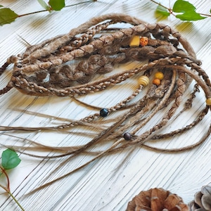 Pony tail dreadlock string, 12 mixed textures extensions, ash brown - blonde shades, decorated with wooden beads  are ready to ship.