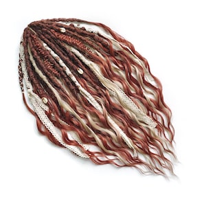 Red hair dreadlocks with long curly ends, soft lightweight hair strands and natural styled crochet dreads, rusty Rapunzel locks