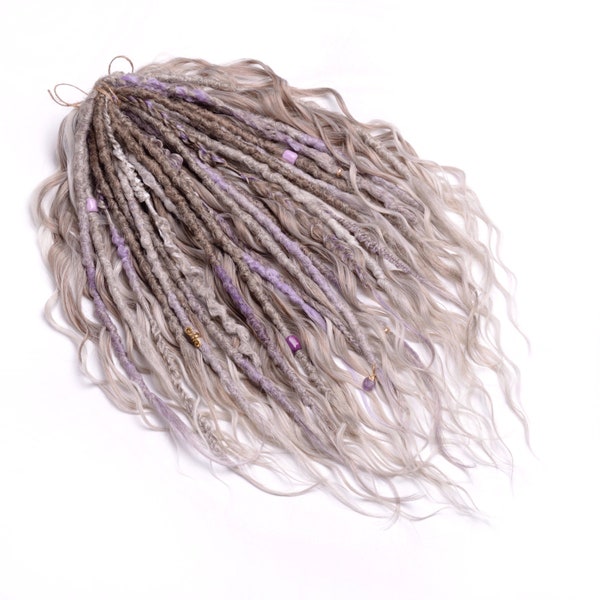 Amethyst in ash, wrapped textured dreadlocks and hair curls, soft ash ombré with nice purple accents, wavy dreadlocks, dreadhair