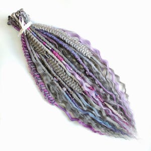 30 SE grey purple, magenta and periwinkle dreads and curly hair, wrapped natural styled dreadlocks with lace braids and soft Rapunzel curls.
