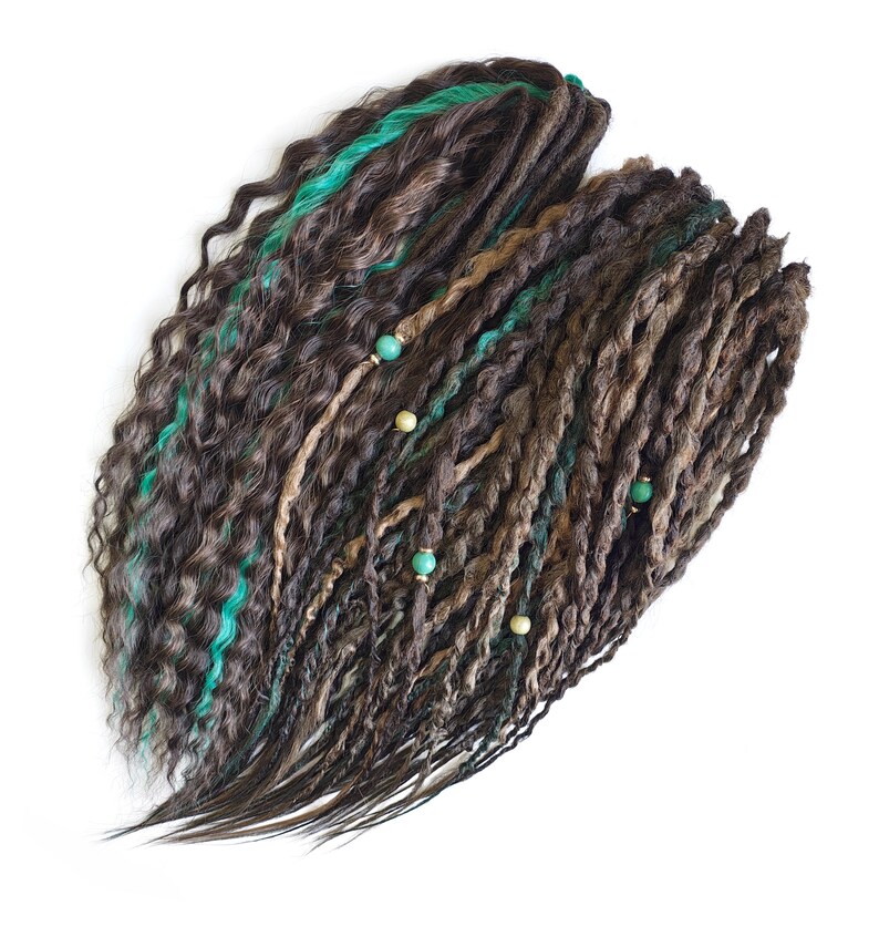 May include: Brown and green synthetic dreadlocks with green and beige beads.