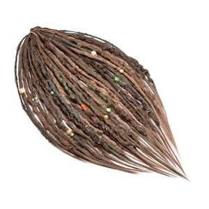 Earthy toned crocheted DE dreads with thin braids, wooden beads, forest themed decorated hair extensions, long green and amber dreadlocks.