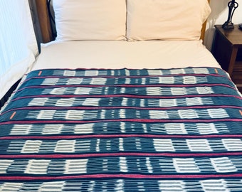 Unique Vintage Reversible Denim Indigo African Baule Shibori Mudcloth Ikat Throw Beach Picnic Blanket Fabric Shawl Scarf Textile Tapestry