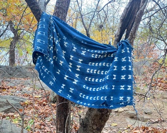 Vintage Denim Indigo Mudcloth African Fabric Throw Beach Picnic Blanket Shibori Shawl Scarf Textile Bohemian Tapestry