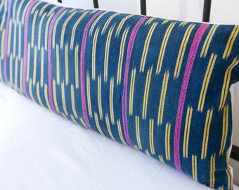 Vintage African Mudcloth Baule Fabric Textile Handmade Denim / Indigo Lumbar Reversible Pillowcase Pillow Cover 14&quot; x 36&quot;
