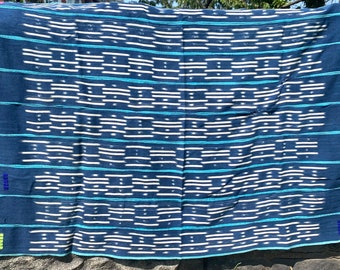Unique Vintage Reversible Denim Indigo African Baule Shibori Mudcloth Ikat Throw Beach Picnic Blanket Fabric Shawl Scarf Textile Tapestry