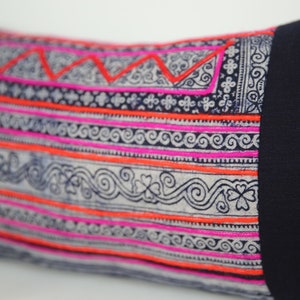 Vintage Hmong Pillow Indigo Denim Hand Woven Organic Hemp Pillowcase Striped Hand Embroidered Lumbar 12 x 24 image 4
