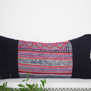 Vintage Hmong Pillow Indigo Denim Hand Woven Organic Hemp Pillowcase Striped Hand Embroidered Lumbar 12 x 24 image 2