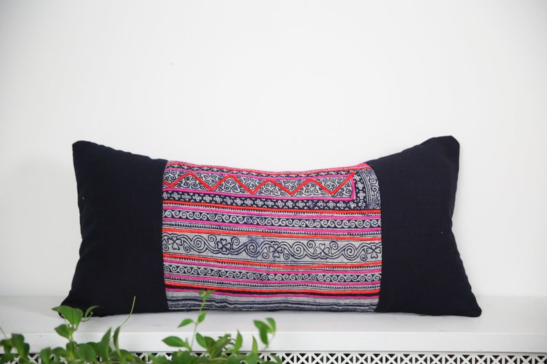 Vintage Hmong Pillow Indigo Denim Hand Woven Organic Hemp Pillowcase Striped Hand Embroidered Lumbar 12 x 24 image 2