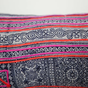 Vintage Hmong Pillow Indigo Denim Hand Woven Organic Hemp Pillowcase Striped Hand Embroidered Lumbar 12 x 24 image 3