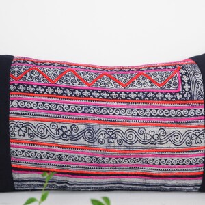 Vintage Hmong Pillow Indigo Denim Hand Woven Organic Hemp Pillowcase Striped Hand Embroidered Lumbar 12 x 24 image 6