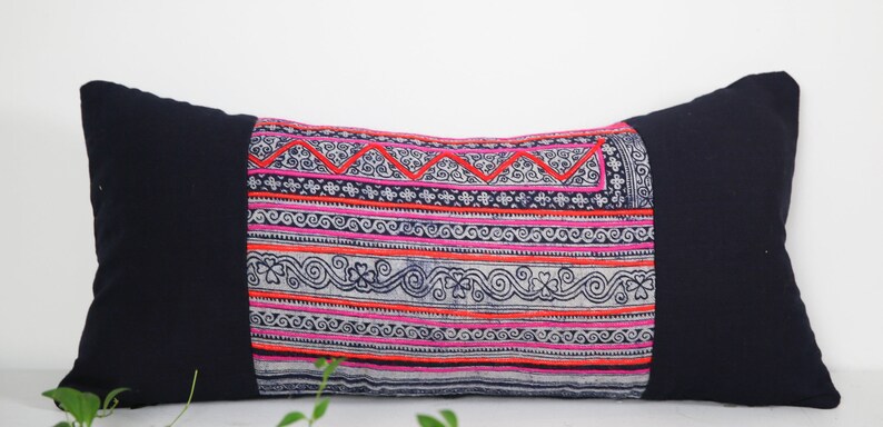 Vintage Hmong Pillow Indigo Denim Hand Woven Organic Hemp Pillowcase Striped Hand Embroidered Lumbar 12 x 24 image 6